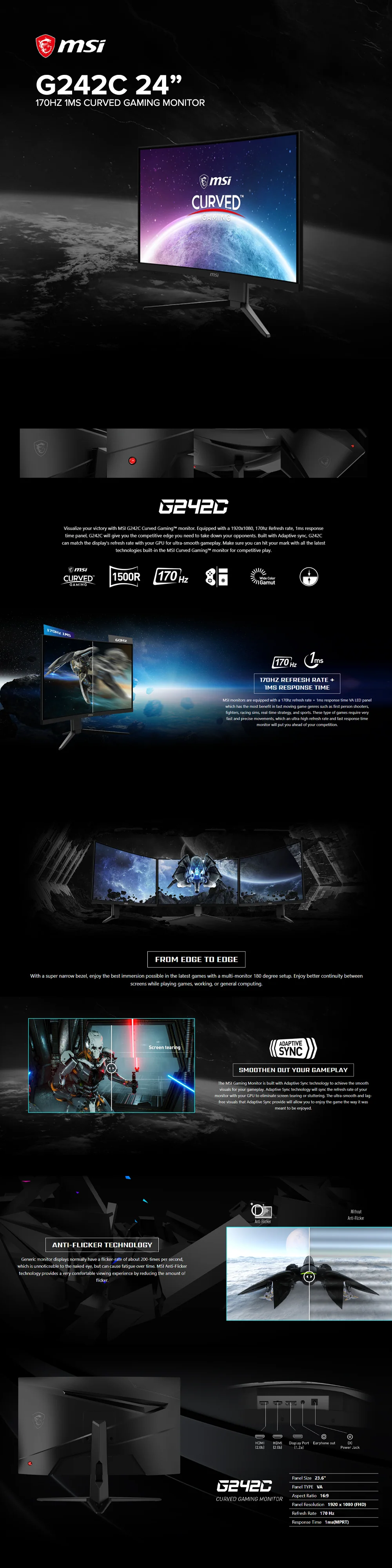 MSI G242C 24' 170hz 1ms Curved Gaming Monitor - Image 5