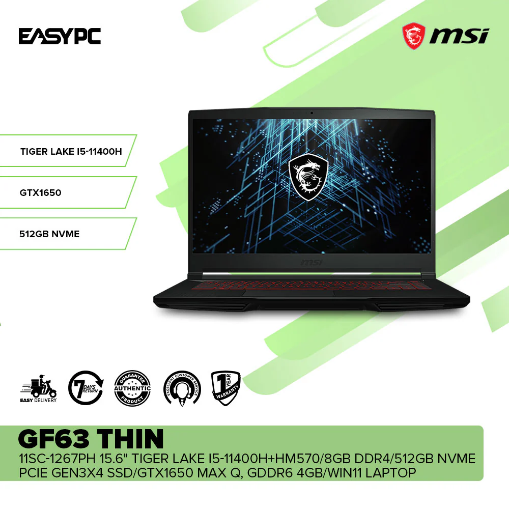 MSI GF63 Thin 11SC-1267PH 15.6 i5-11400H+HM570/8GB DDR4/512GB SSD/GTX1650 GDDR6 4GB/Win11 Laptop - Image 2