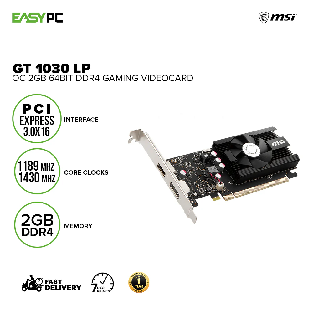 MSI GT 1030 LP OC 2gb 64bit Ddr4 Memory Speed 2100 MHz, 2 Minimum Display, Afterburner OC Gaming Videocard - Image 2