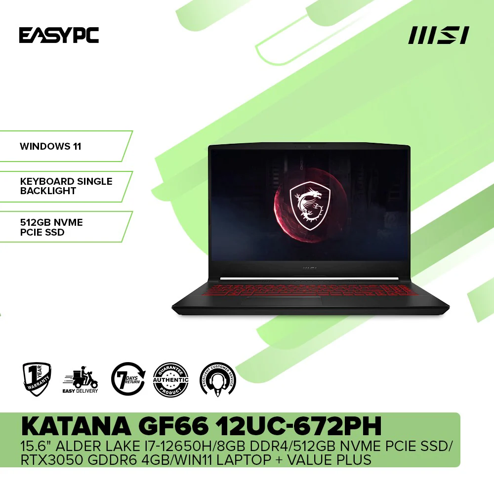 MSI Katana GF66 12UC-672PH 15.6" i7-12650H/8GB DDR4/512GB NVMe SSD/RTX3050 GDDR6 4GB/Win11 Laptop - Image 2