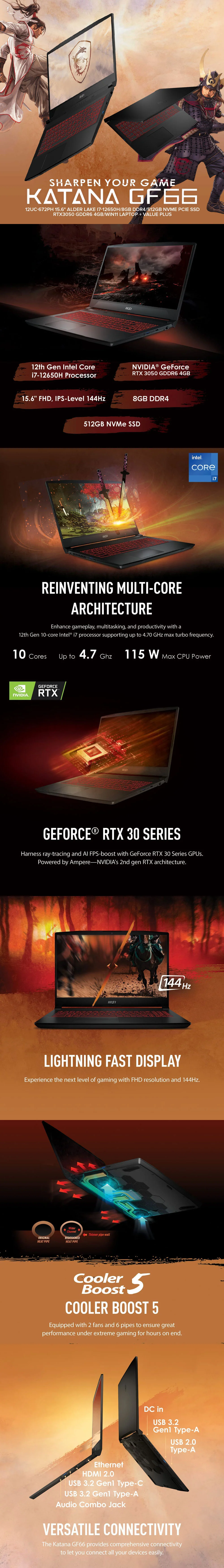 MSI Katana GF66 12UC-672PH 15.6" i7-12650H/8GB DDR4/512GB NVMe SSD/RTX3050 GDDR6 4GB/Win11 Laptop - Image 8
