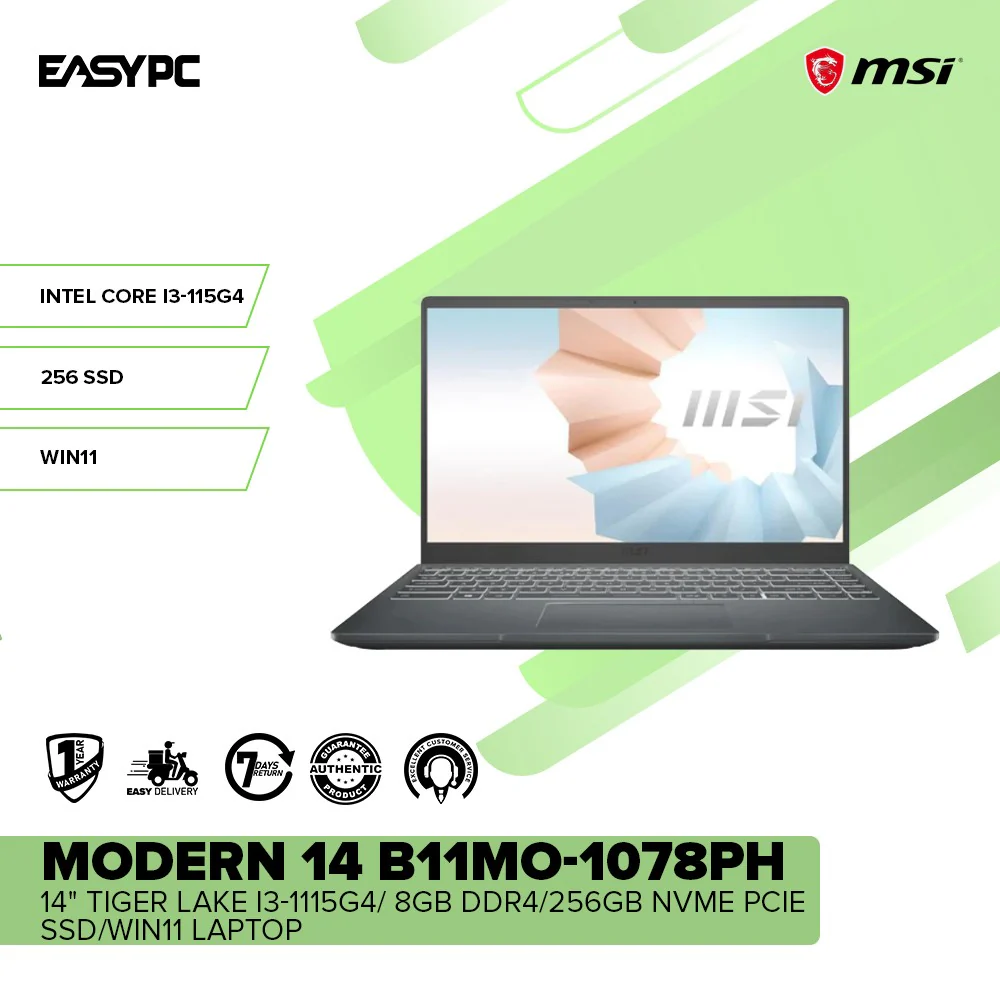 MSI Modern 14 B11MO-1078PH 14" Tiger lake i3-1115G4/ 8GB DDR4/256GB NVMe PCIe SSD/Win11 Laptop - Image 2