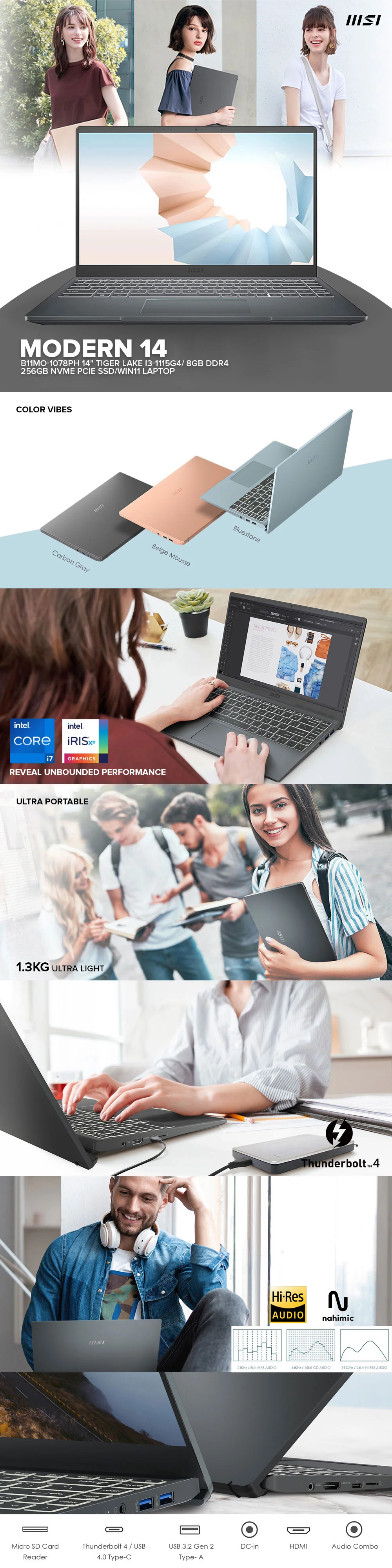 MSI Modern 14 B11MO-1078PH 14" Tiger lake i3-1115G4/ 8GB DDR4/256GB NVMe PCIe SSD/Win11 Laptop - Image 4