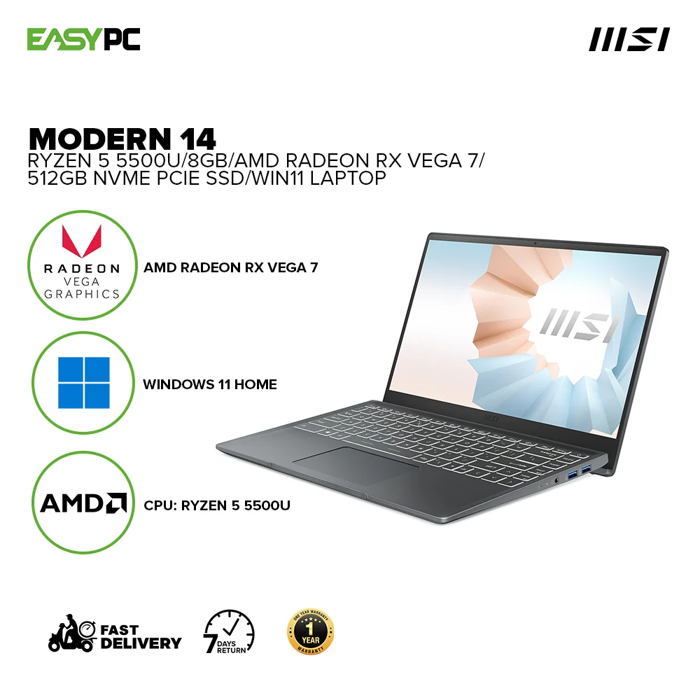 MSI Modern 14 B5M-084PH Ryzen 5 5500U/8GB/AMD Radeon Graphics/512GB NVMe PCIe SSD/Win11 Laptop - Image 2