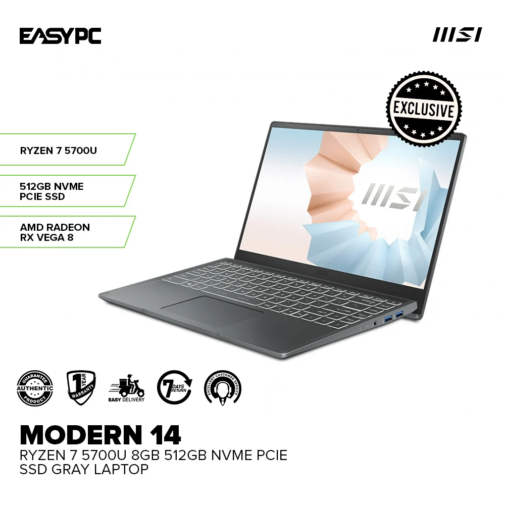 MSI MODERN 14 B5M-206PH R7 5700U 8GB 512GB NVMe PCIe SSD AMD Radeon RX Vega 8 Win11 Laptop - Image 2
