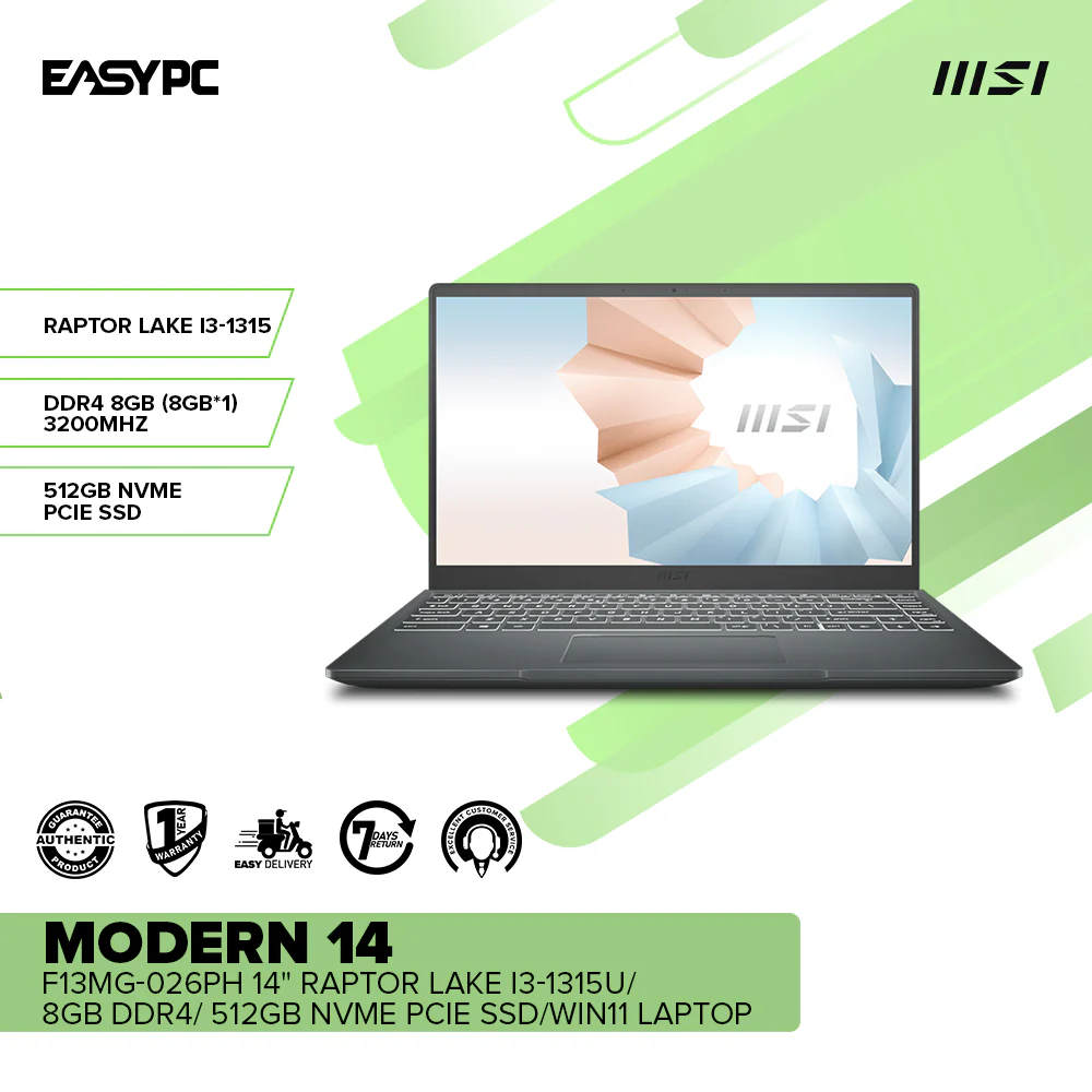 MSI MODERN 14 F13MG-026PH 14" Raptor Lake i3-1315U/8GB DDR4/512GB NVMe PCIe SSD/Win11 Laptop - Image 2