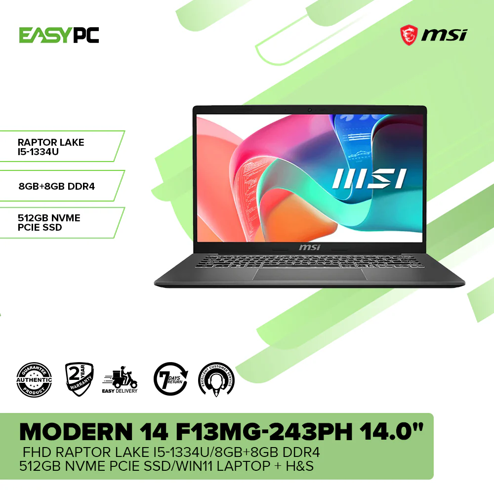 MSI Modern 14 F13MG-243PH 15.6" FHD Raptor Lake i5-1334U/8GB+8GB DDR4/512GB NVMe PCIe SSD/Win11 Laptop + H&S - Image 2