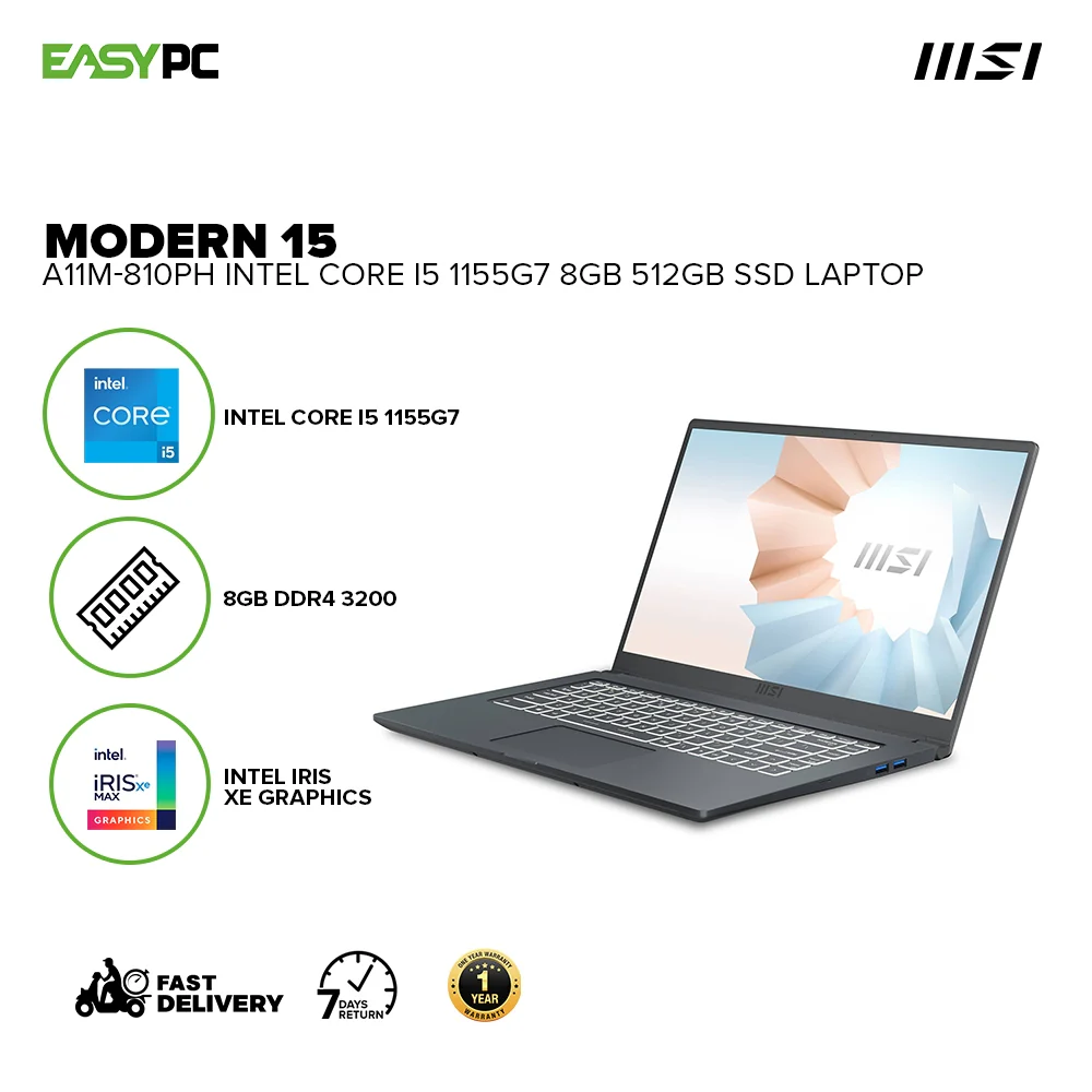 MSI Modern 15 A11M-810PH Intel Core i5 1155G7 8GB DDR4 512GB SSD Intel Iris Xe Graphics Win10 Laptop - Image 2