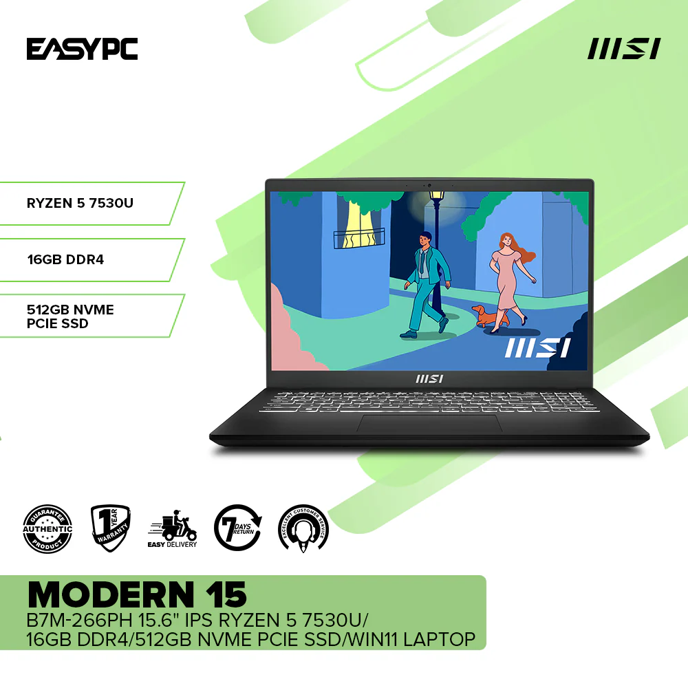 MSI MODERN 15 B7M-266PH 15.6" IPS Ryzen 5 7530U/16GB DDR4/512GB NVMe PCIe SSD/Win11 Laptop - Image 2