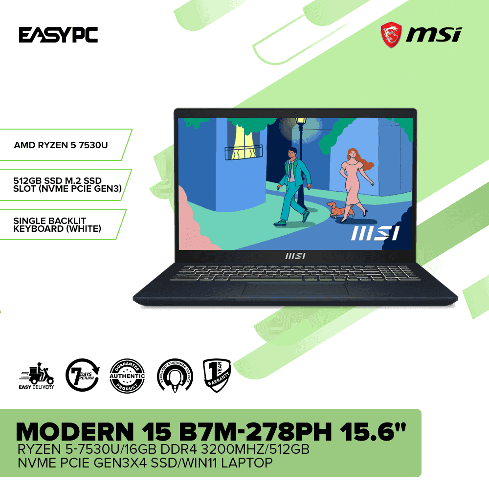 MSI Modern 15 B7M-278PH 15.6" R5-7530U/16GB DDR4 3200MHz/512GB NVMe PCIe Gen3x4 SSD/Win11 Laptop - Image 2