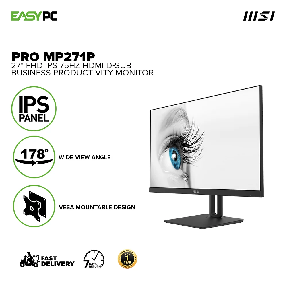 MSI PRO MP271P 27" FHD IPS, Eye Care Monitor, Anti-Flicker/Glare VESA Mount Support & Built-in Speakers Monitor 1ION MSPR2337 - Image 2