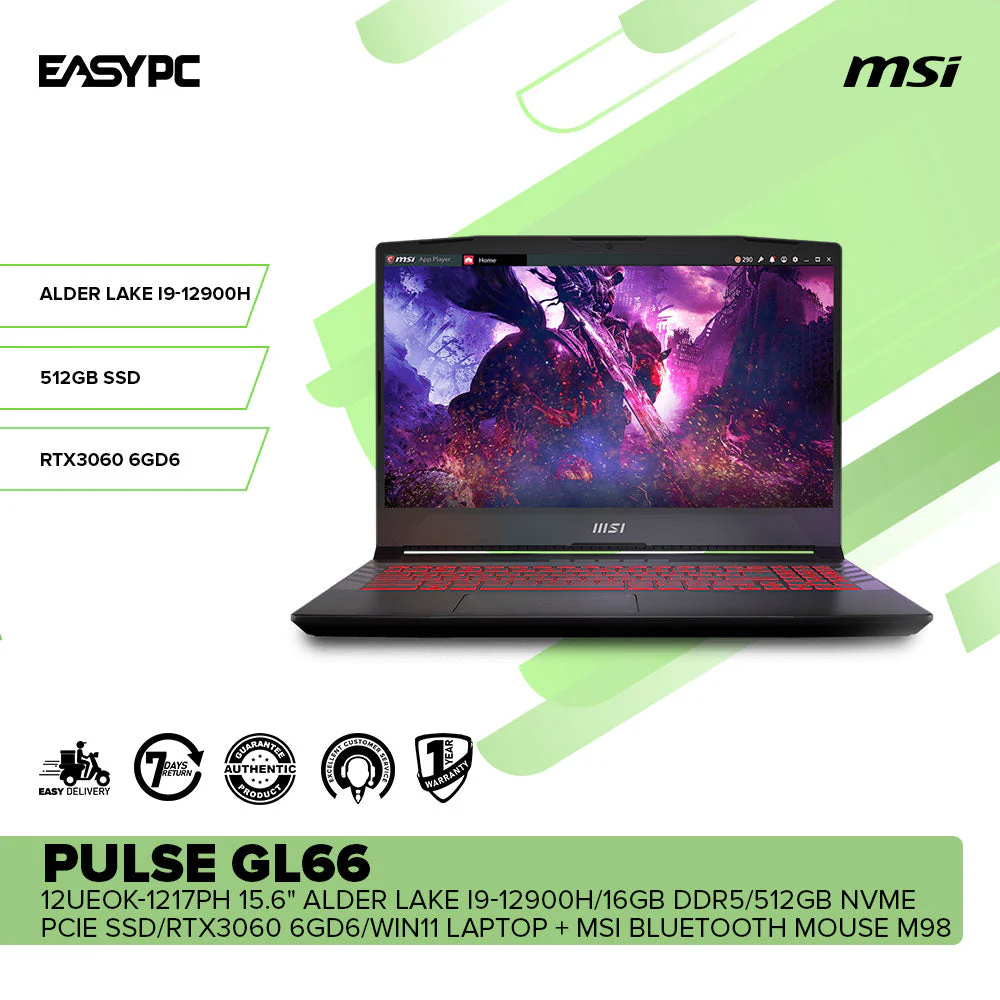 MSI PULSE GL66 12UEOK-1217PH 15.6" Alder Lake i9-12900H Win11 Laptop + MSI Bluetooth Mouse M98