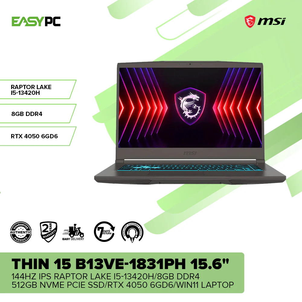 MSI THIN 15 B13VE-1831PH 15.6" 144Hz IPS Raptor Lake i5-13420H/8GB DDR4/512GB NVMe PCIe SSD/RTX 4050 6GD6/Win11 Laptop - Image 2