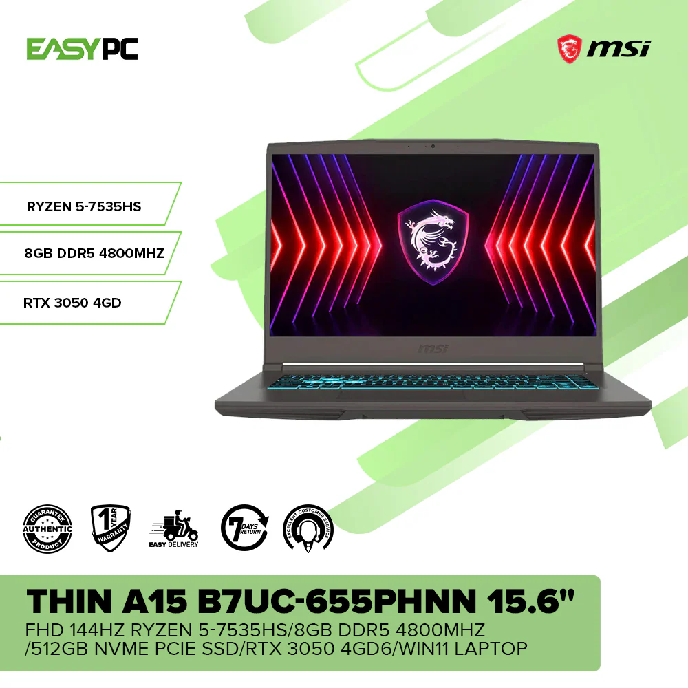 MSI THIN A15 B7UC-655PH 15.6" FHD 144Hz Ryzen 5-7535HS/8GB DDR5 4800Mhz/512GB NVMe PCIe SSD/RTX 3050 4GD6/Win11 Laptop