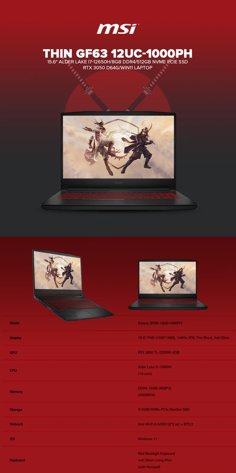 MSI Thin GF63 12UC-1000PH 15.6" Alder Lake i7-12650H/8GB/512GB SSD/RTX 3050 D64G/Win11 Laptop - Image 5