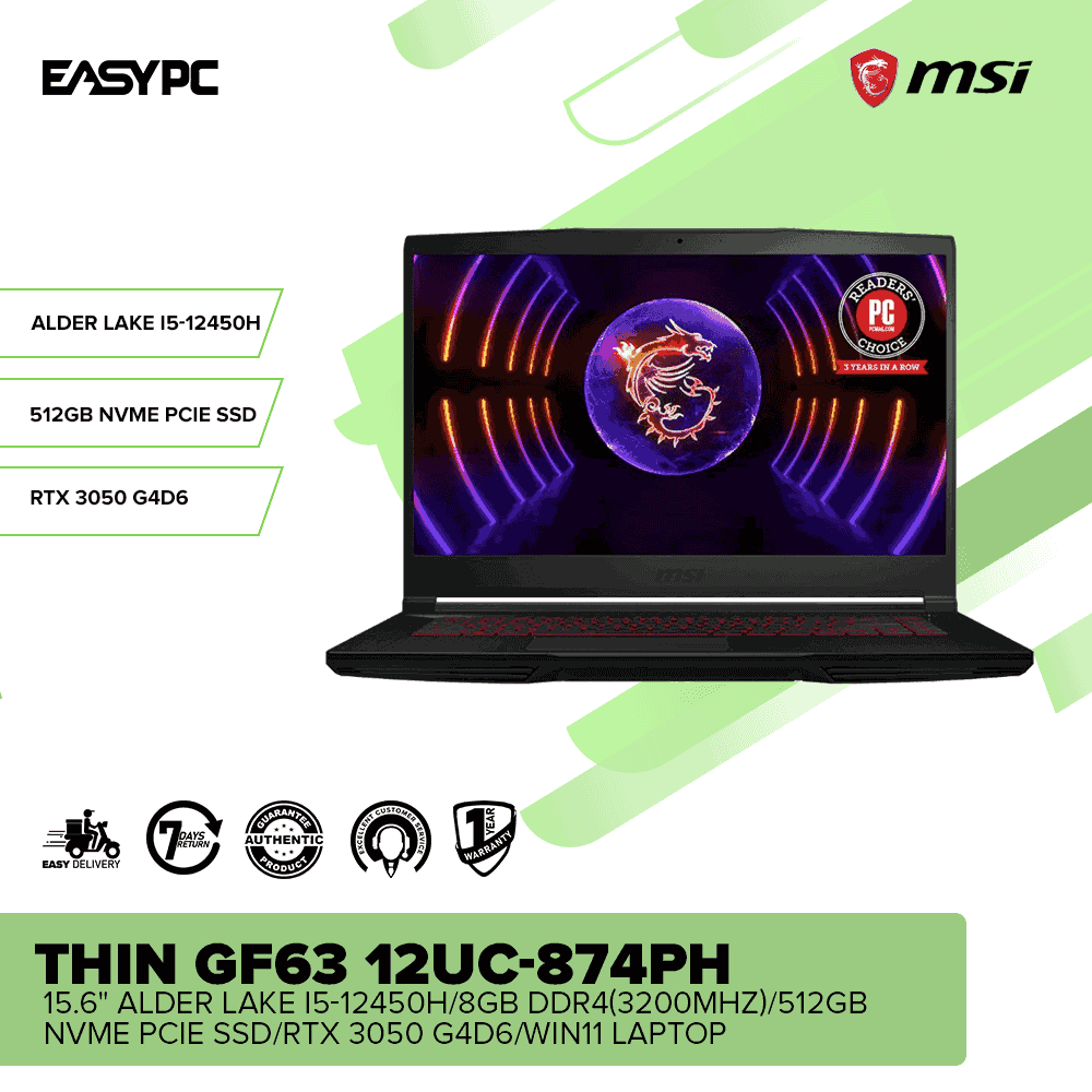 MSI Thin GF63 12UC-874PH 15.6" i5-12450H/8GB DDR4(3200MHz)/512GB SSD/RTX 3050 G4D6/Win11 Laptop - Image 2