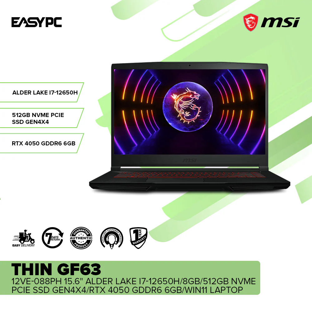 MSI Thin GF63 12VE-088PH 15.6" Alder Lake i7-12650H/ RTX4050 GDDR6 6GB / 8gb / 512GB / Gaming Laptop - Image 2