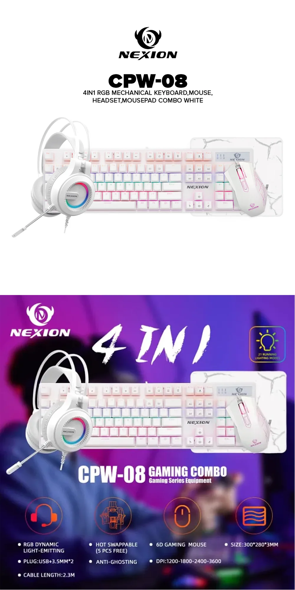 Nexion CPW-08 4in1 RGB Mechanical Keyboard,Mouse,Headset,Mousepad Combo White - Image 3