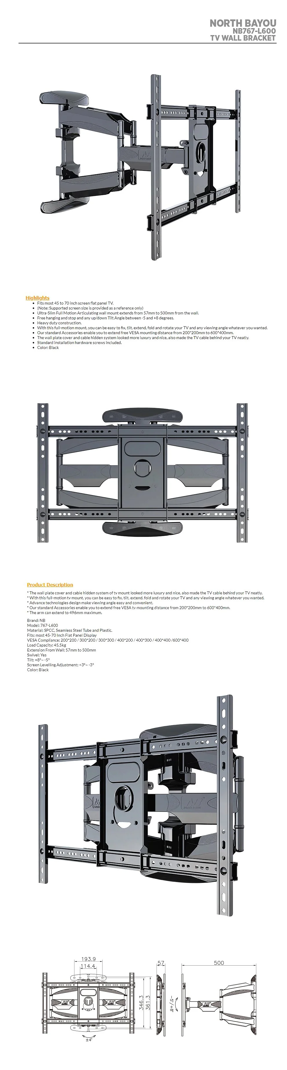 North Bayou NB-767-L600 TV Wall Bracket - Image 3