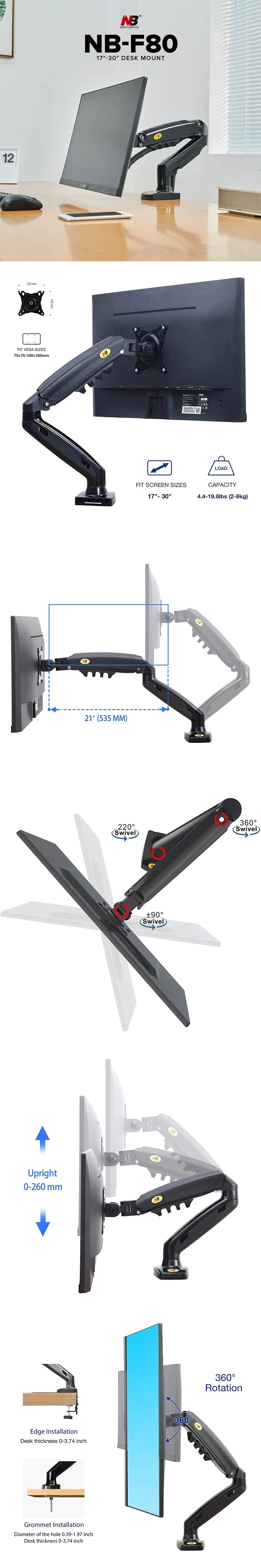 North Bayou NB-F80 17"-30" Desk Mount, flexi- monitor desktop mount is built-in durable Gas-strut. - Image 6