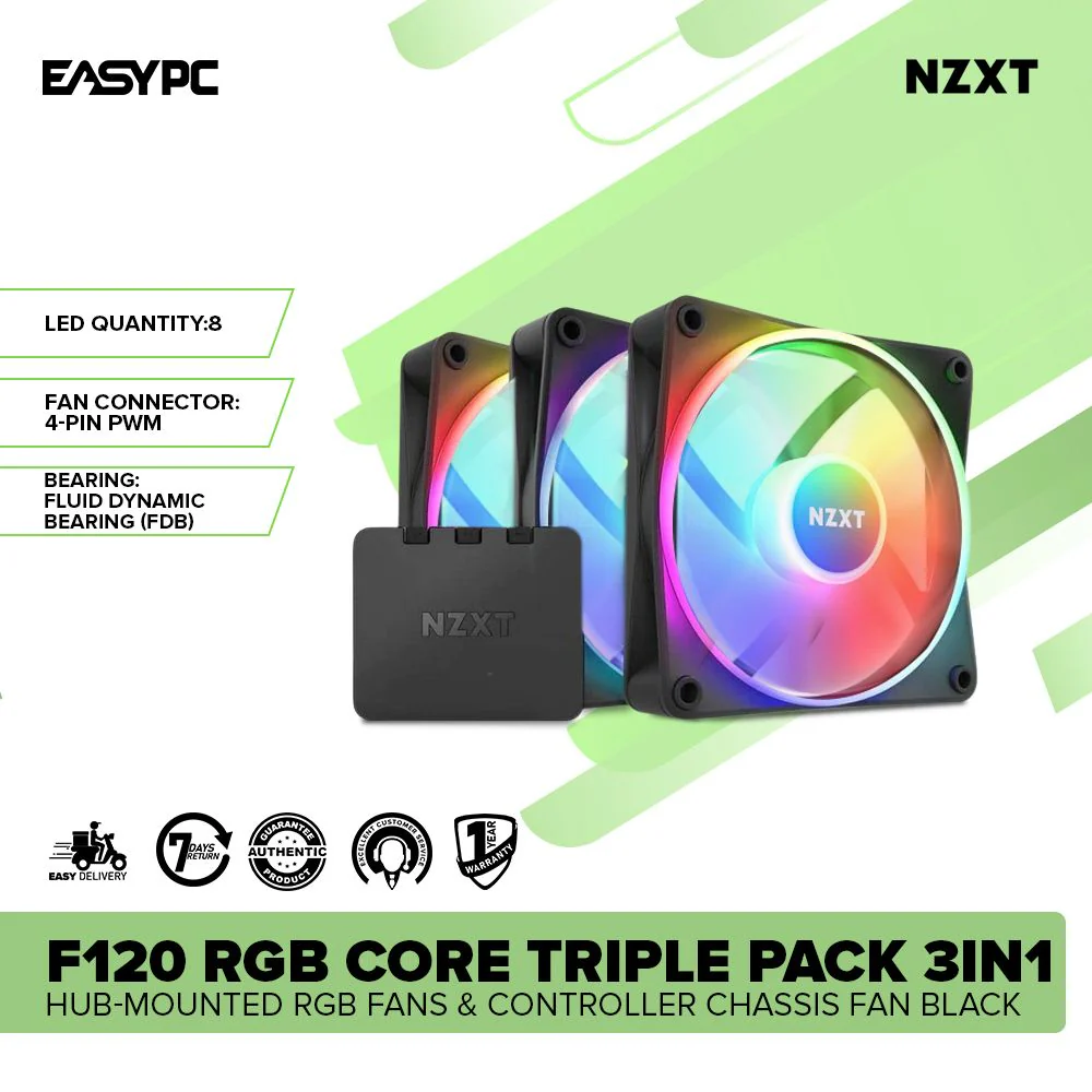 NZXT F120 RGB Core Triple Pack 3in1 Hub-Mounted RGB Fans & Controller Chassis Fan Black - Image 2