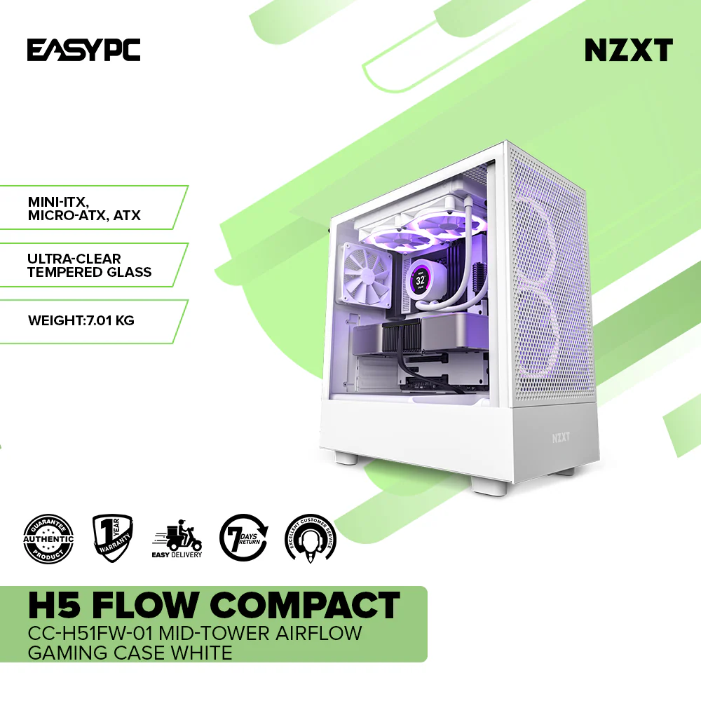 NZXT H5 Flow Compact CC-H51FW-01 Mid-Tower Airflow Gaming Case White - Image 2