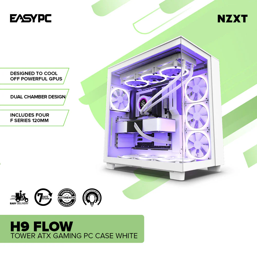 NZXT H9 Flow Mid Tower ATX Gaming PC Case White - Image 2
