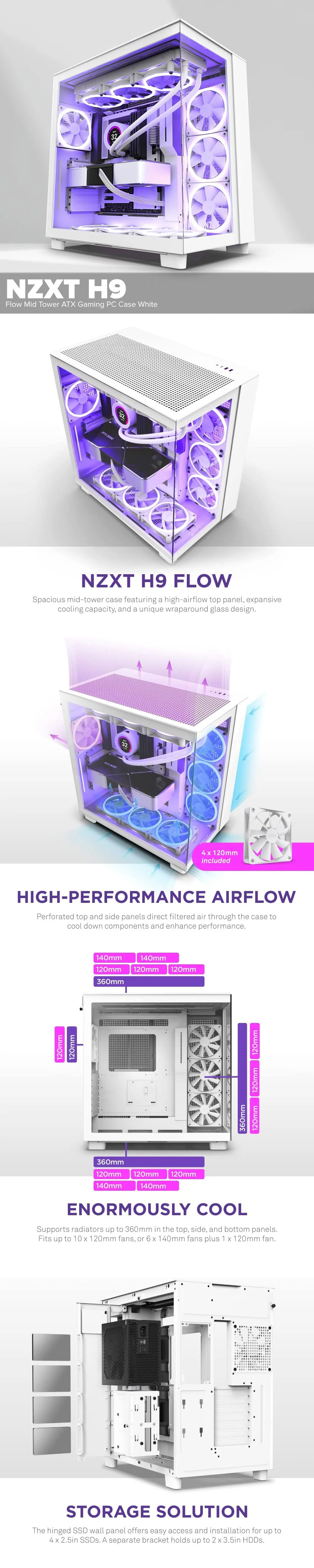 NZXT H9 Flow Mid Tower ATX Gaming PC Case White - Image 5
