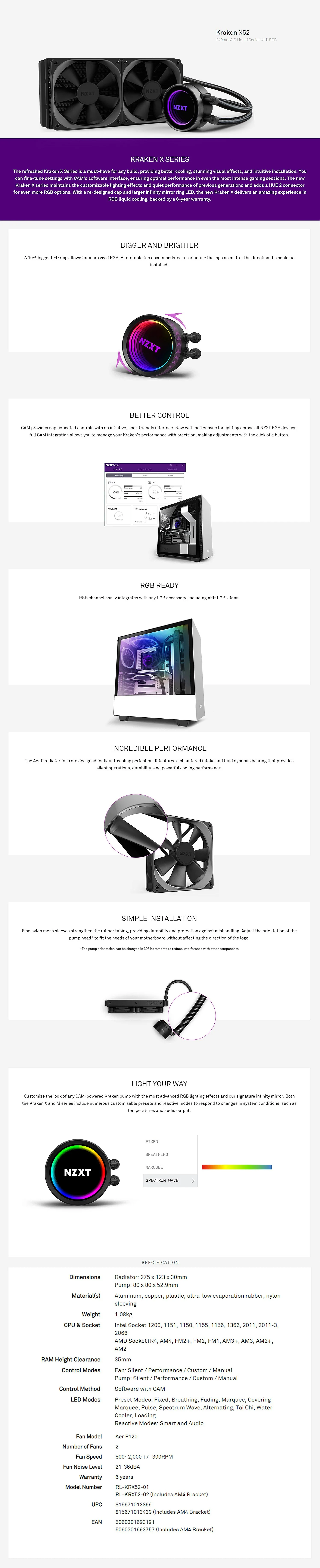 NZXT Kraken X52 240mm Liquid Cooler RGB - Image 5