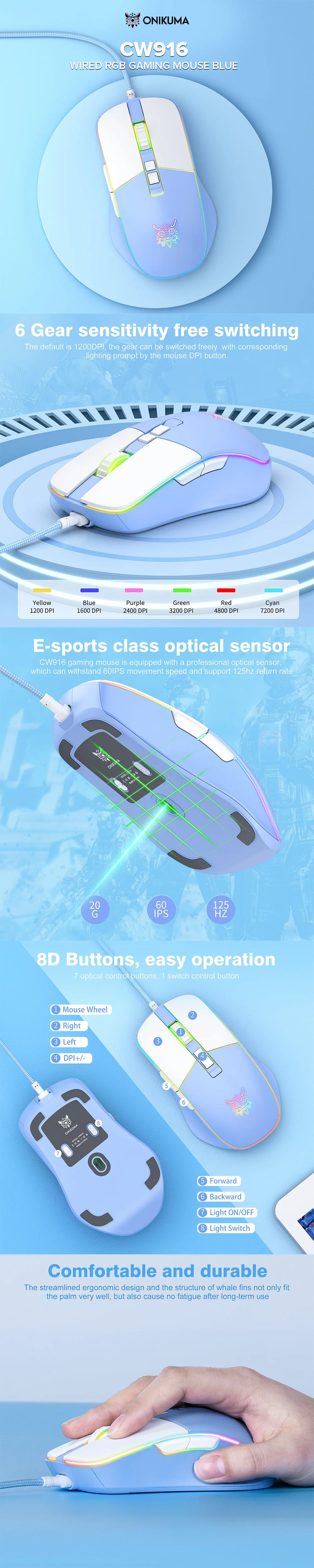 Onikuma CW916 Wired RGB Gaming Mouse Blue - Image 6