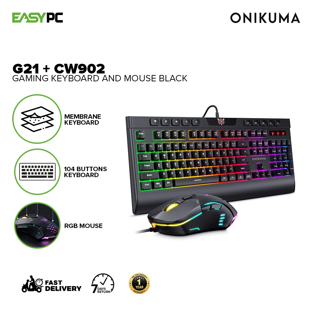 Onikuma G21 + CW902 6 Lighting Modes, Adjustable Brightness, Adjustable Lighting Speed Gaming Keyboard and Mouse Black - Image 2