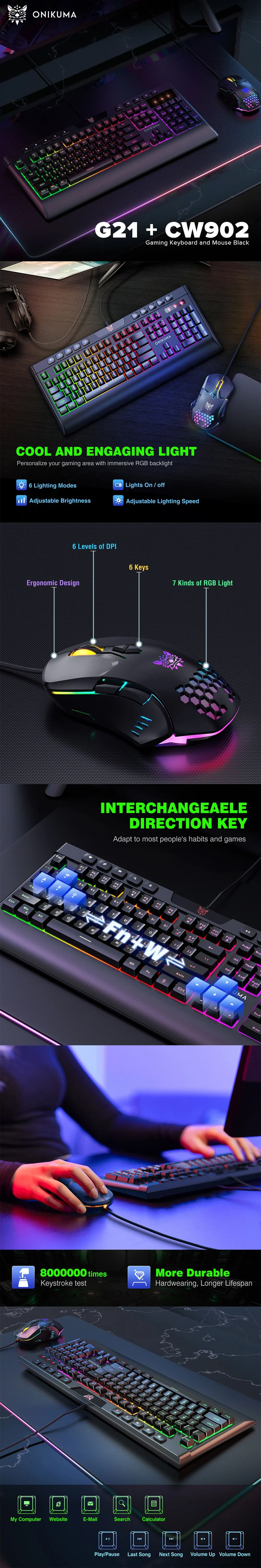 Onikuma G21 + CW902 6 Lighting Modes, Adjustable Brightness, Adjustable Lighting Speed Gaming Keyboard and Mouse Black - Image 6