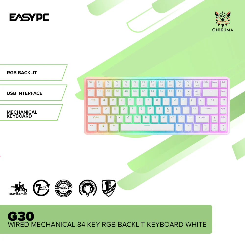 ONIKUMA G30 Wired Mechanical 84 Key RGB Backlit Keyboard White - Image 2