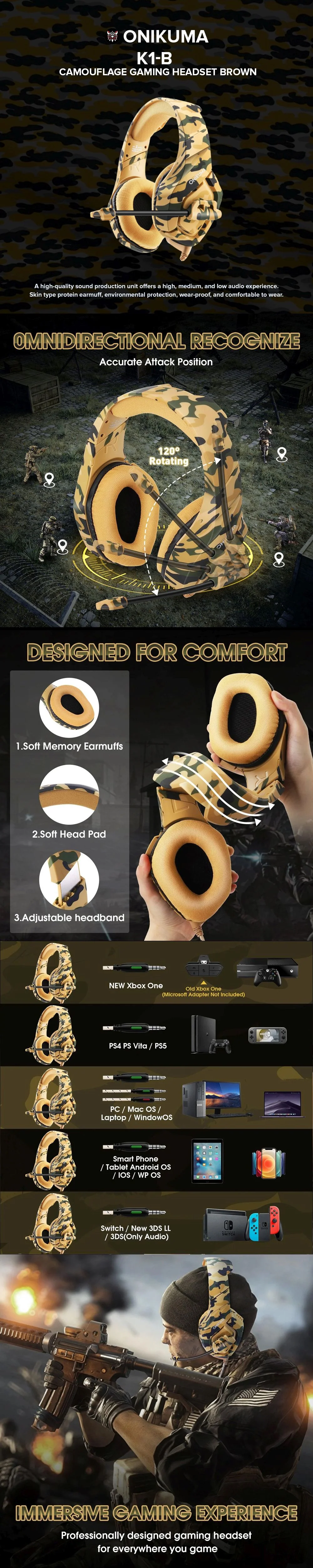 Onikuma K1-B Camouflage Gaming Headset Brown - Image 6