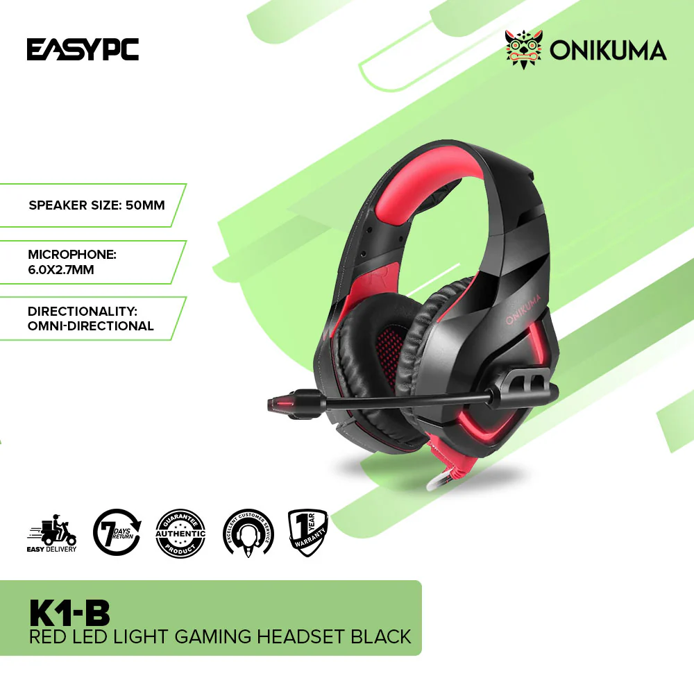 Onikuma K1-B Red LED Light Gaming Headset Black - Image 2