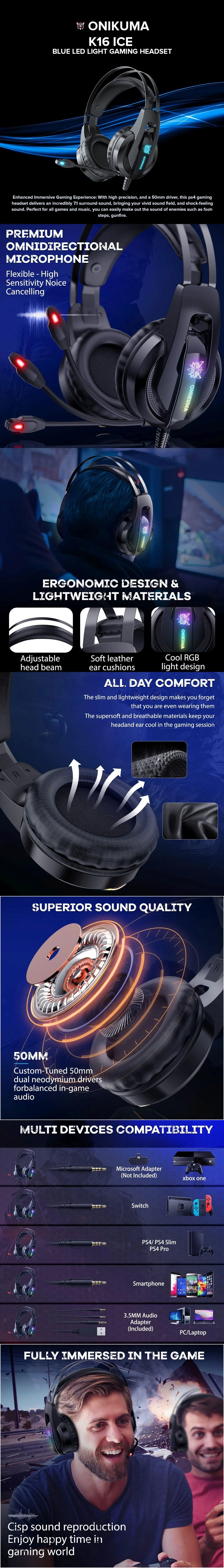 Onikuma K16 Ice Blue LED Light Gaming Headset - Image 6