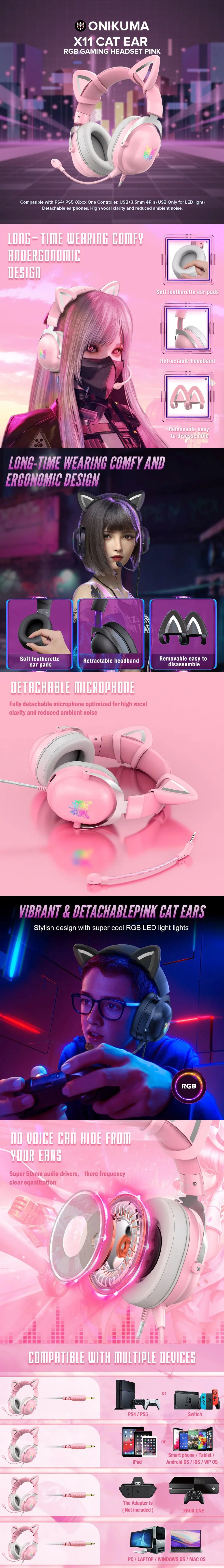 Onikuma X11 Cat Ear RGB Gaming Headset Pink - Image 6