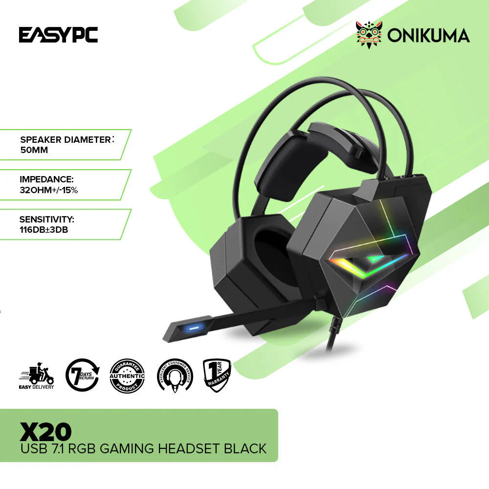 Onikuma X20 USB 7.1 RGB Gaming Headset Black - Image 2