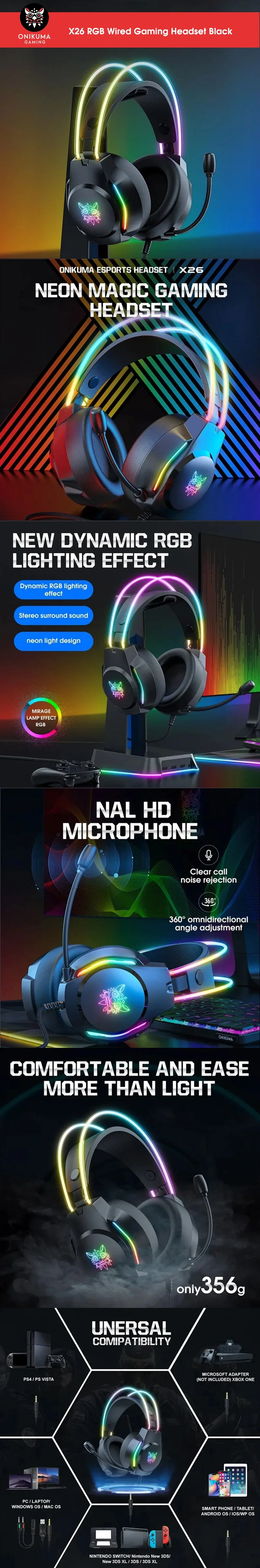 Onikuma X26 RGB Wired Gaming Headset Black - Image 6