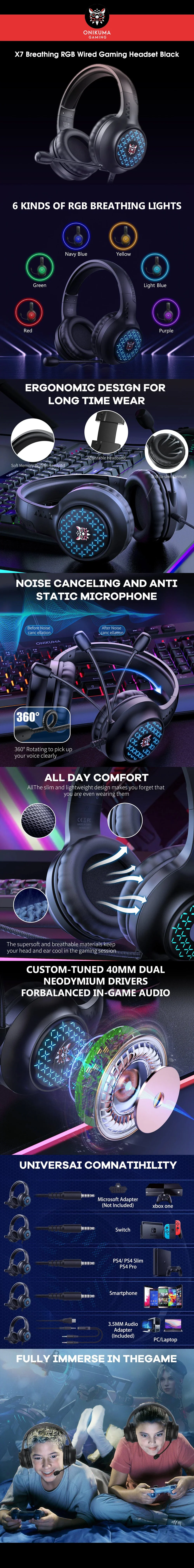 Onikuma X7 Breathing RGB Wired Gaming Headset Black - Image 6