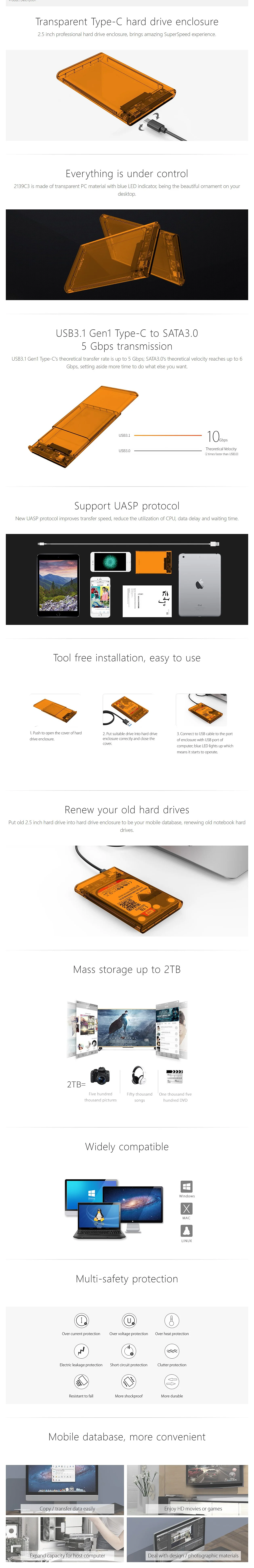 Orico 2139US3 Enclosure 2.5 Sata Orange - Image 2