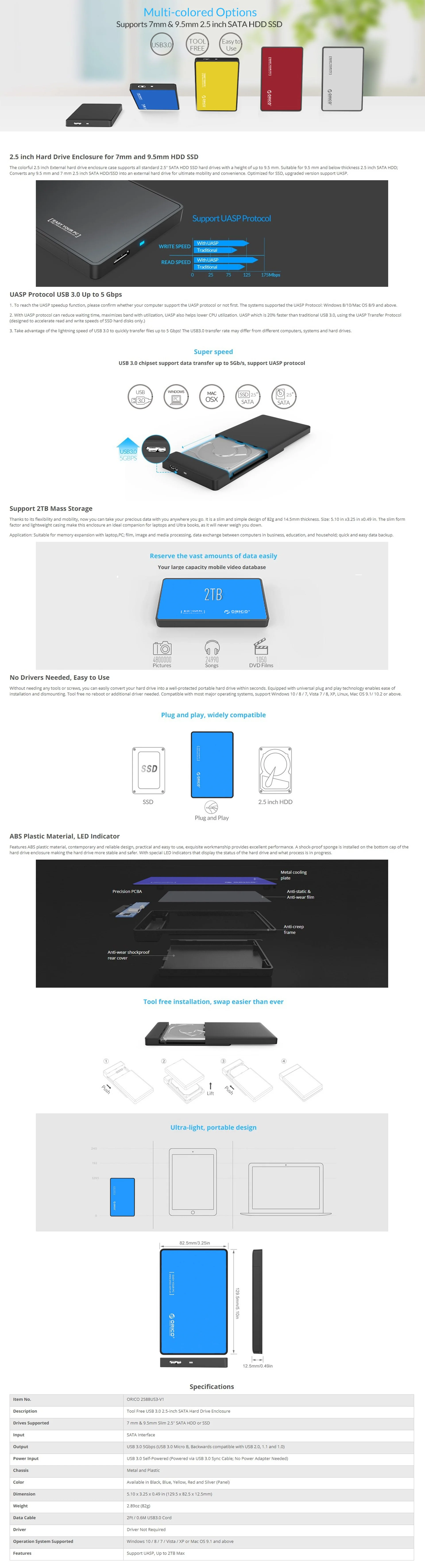 Orico 2588US3 2.5 Sata Enclosure Blue - Image 5