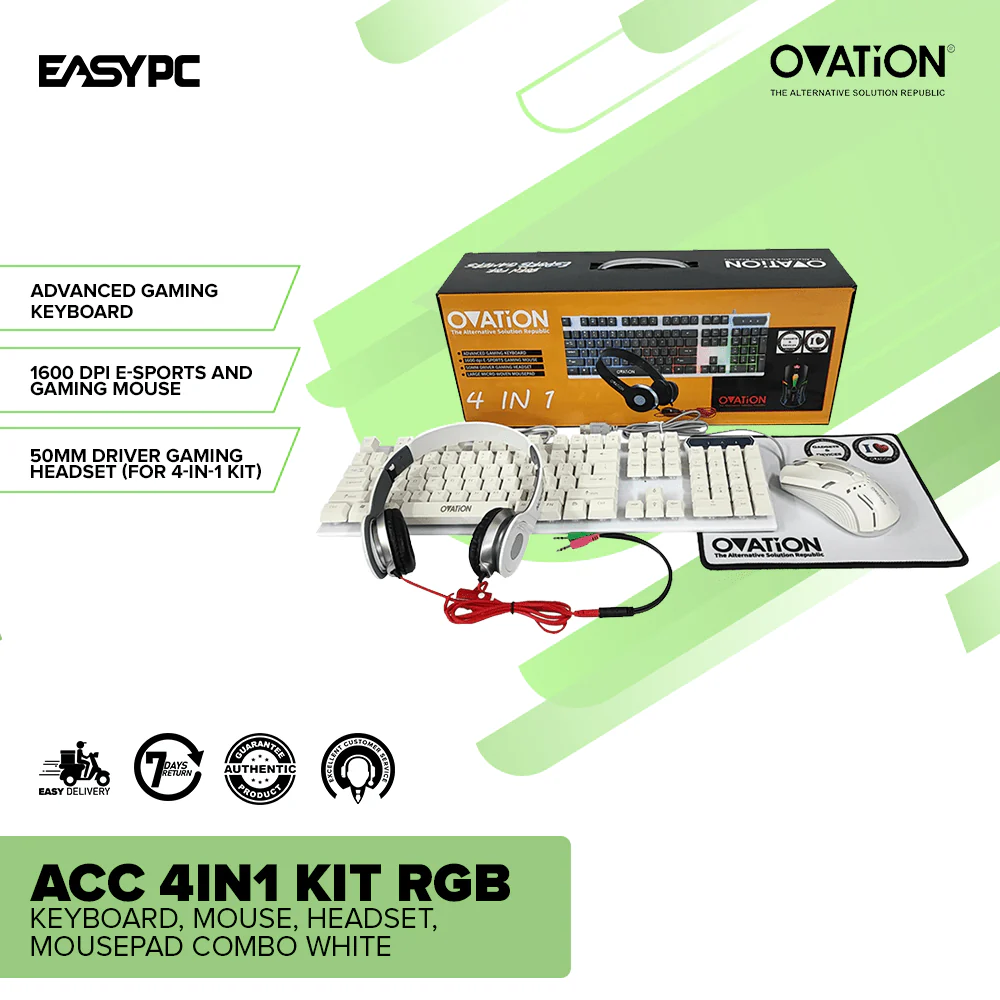 Ovation ACC 4in1 Kit RGB Keyboard,Mouse,Headset,Mousepad Combo White - Image 2