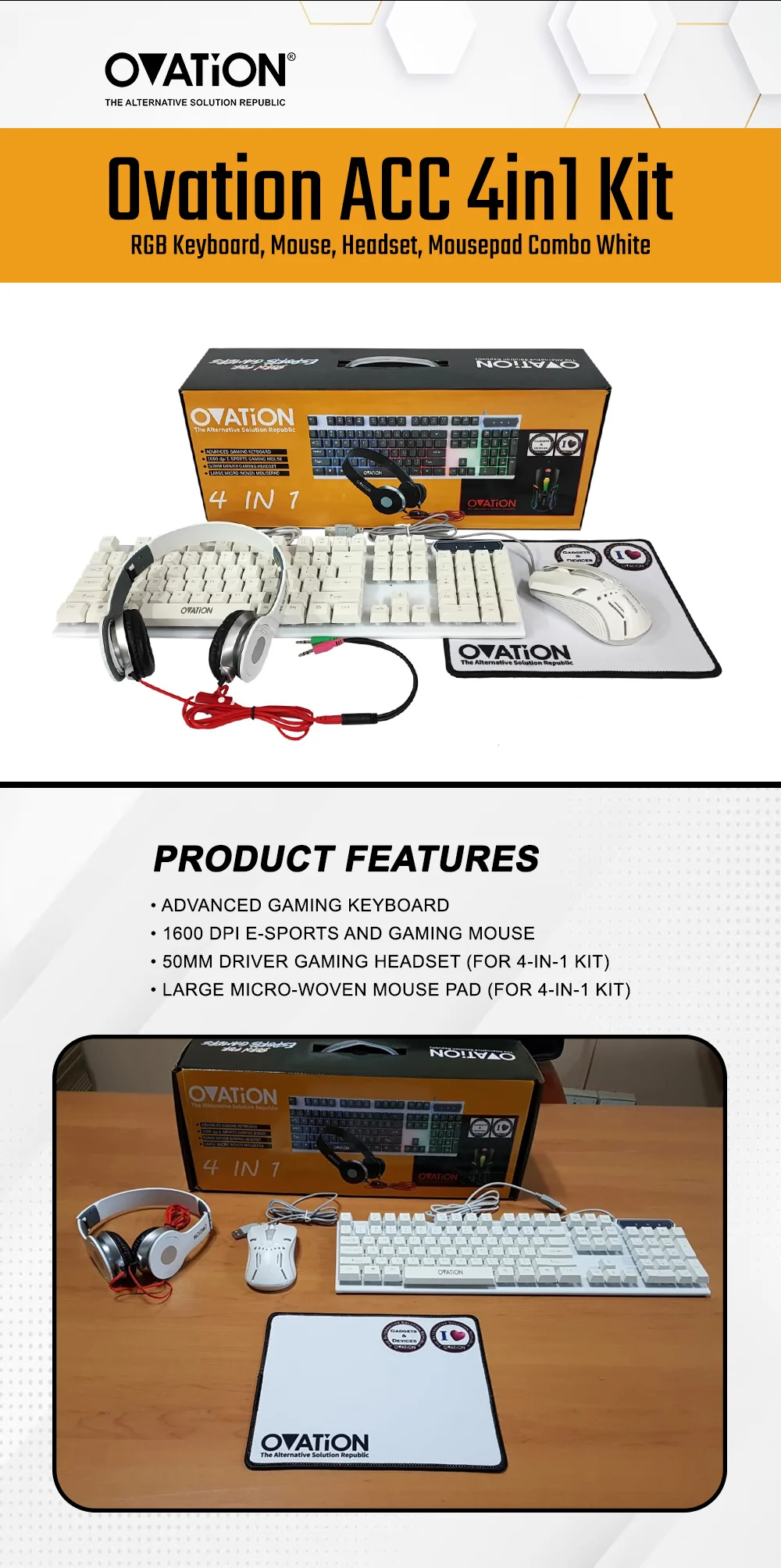 Ovation ACC 4in1 Kit RGB Keyboard,Mouse,Headset,Mousepad Combo White - Image 3