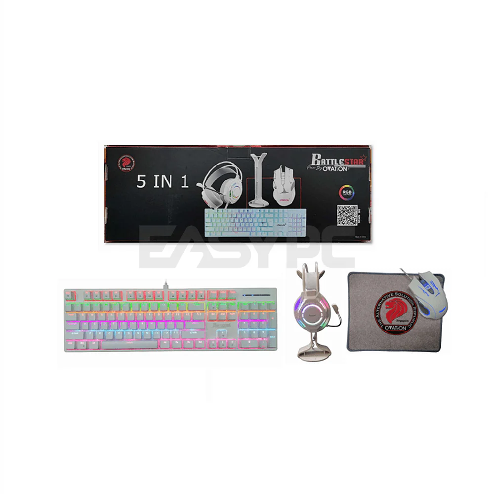 Ovation BTS MK501 5in1 RGB Mechanical Keyboard,Mouse,Headset,Mousepad,Headset Stand Combo White