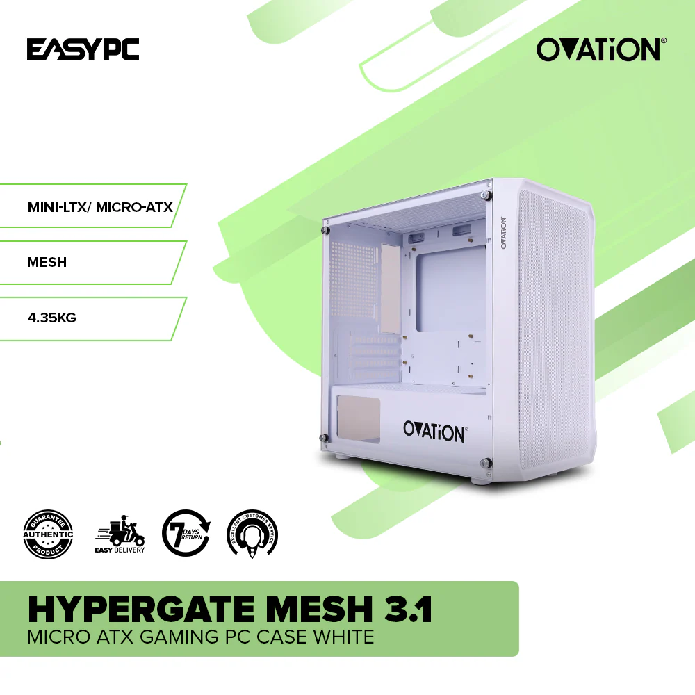 Ovation Hypergate Mesh 3.1 Micro ATX Gaming PC Case White - Image 2