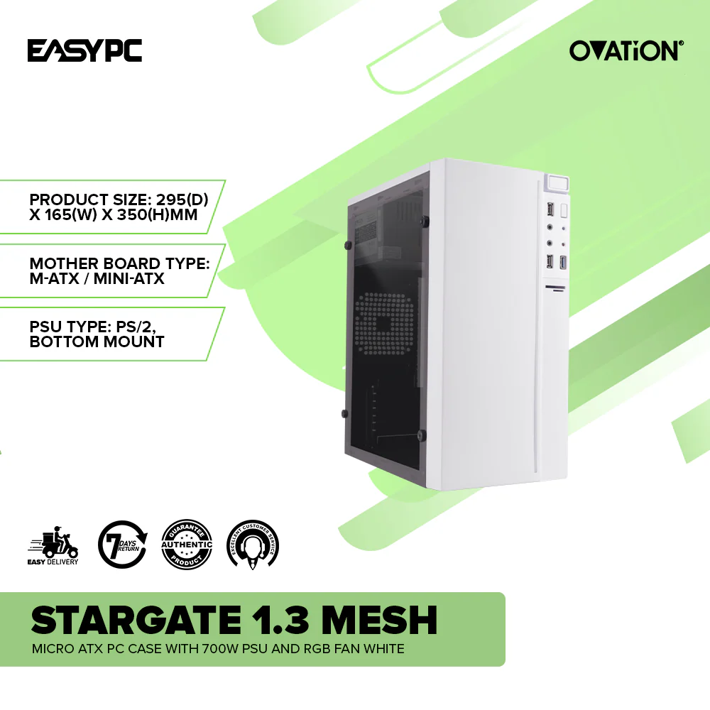 Ovation Stargate 1.3 Mesh Micro ATX PC Case with 700w PSU and RGB fan White - Image 2