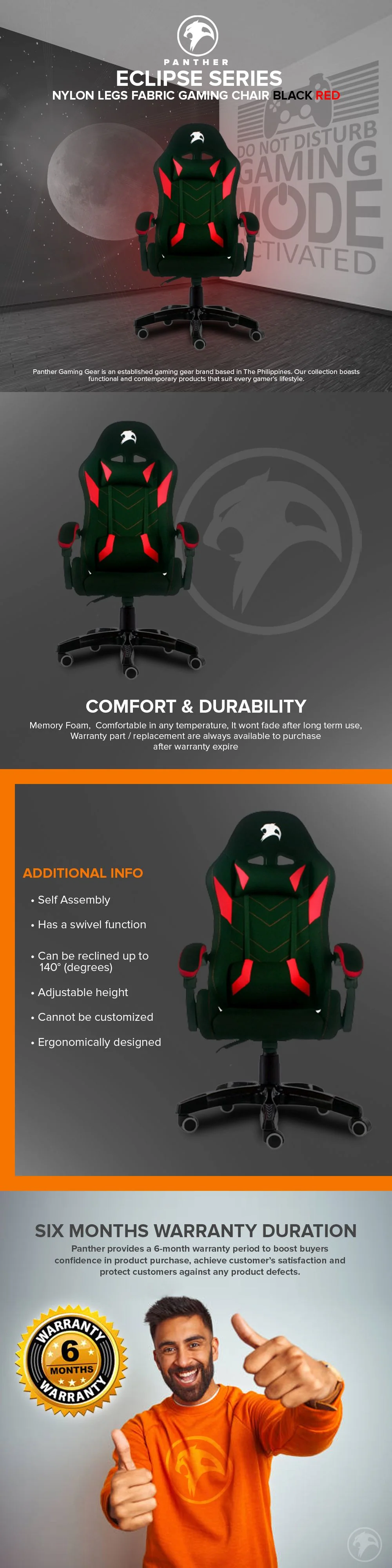 Panther Eclipse Series Nylon Legs Gaming Chair Black Red - Image 5