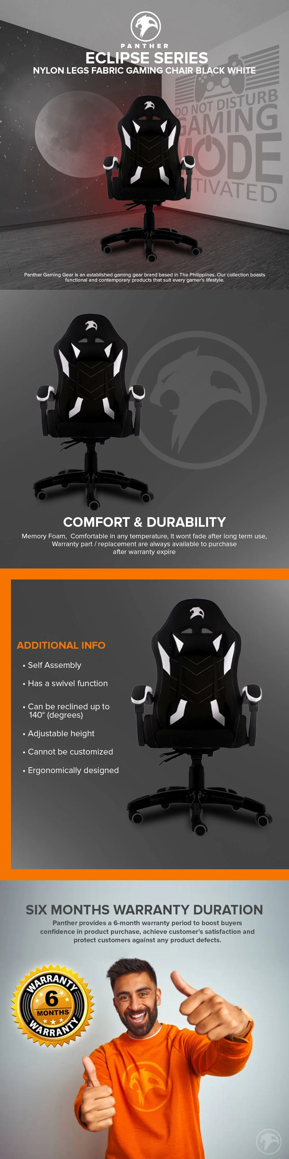 Panther Eclipse Series Nylon Legs Gaming Chair Black White - Image 5