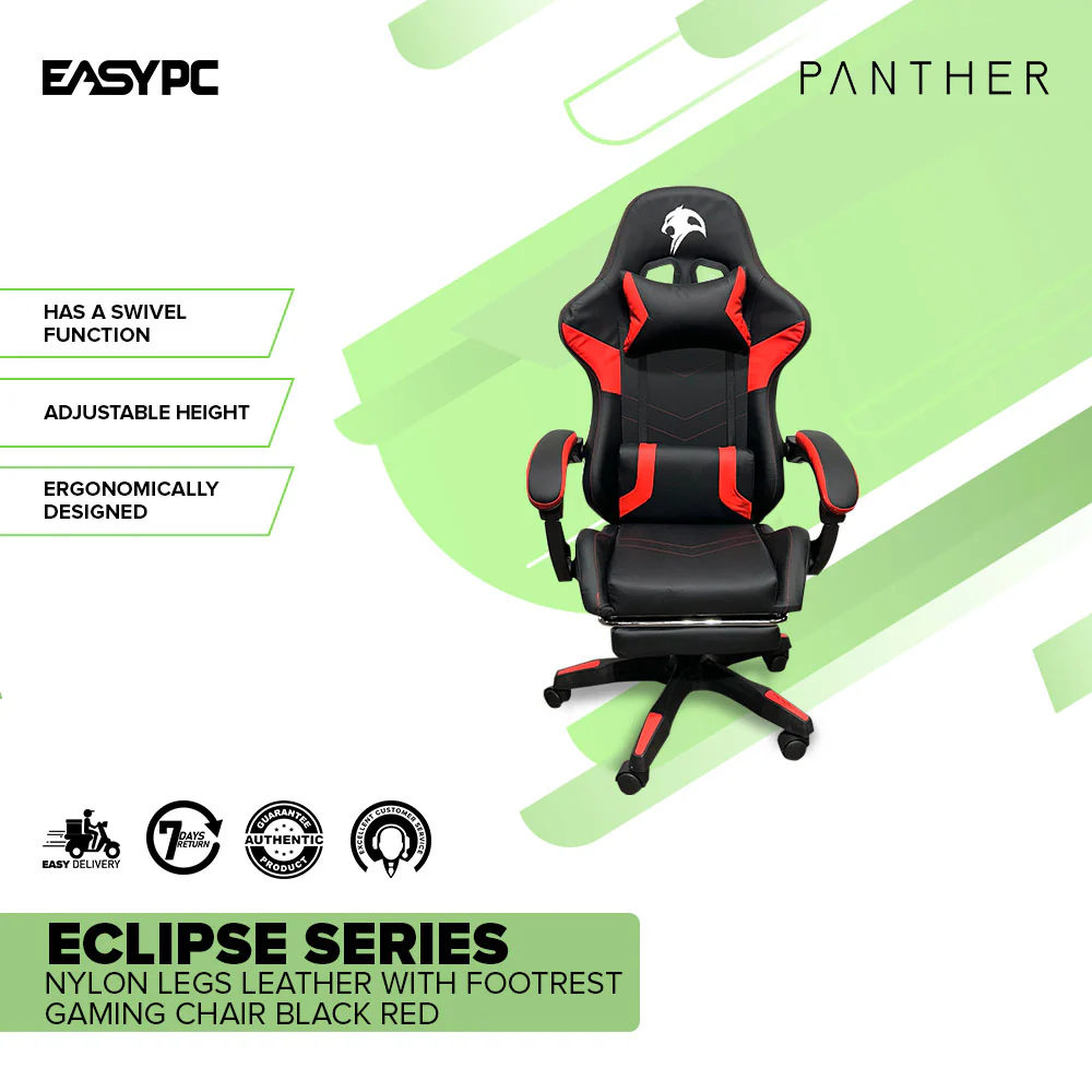 Panther Eclipse Series Nylon Legs Leather with Footrest Gaming Chair Black Red - Image 2